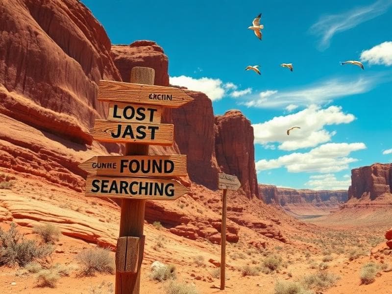 Lost, Found, Searching signpost in desert canyon