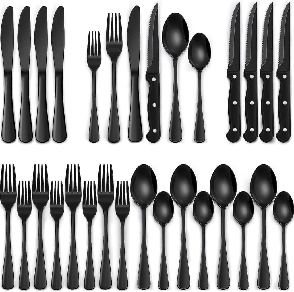 24-Piece Black Silverware Set with Steak Knives, Stainless Steel Tableware Cutlery Set