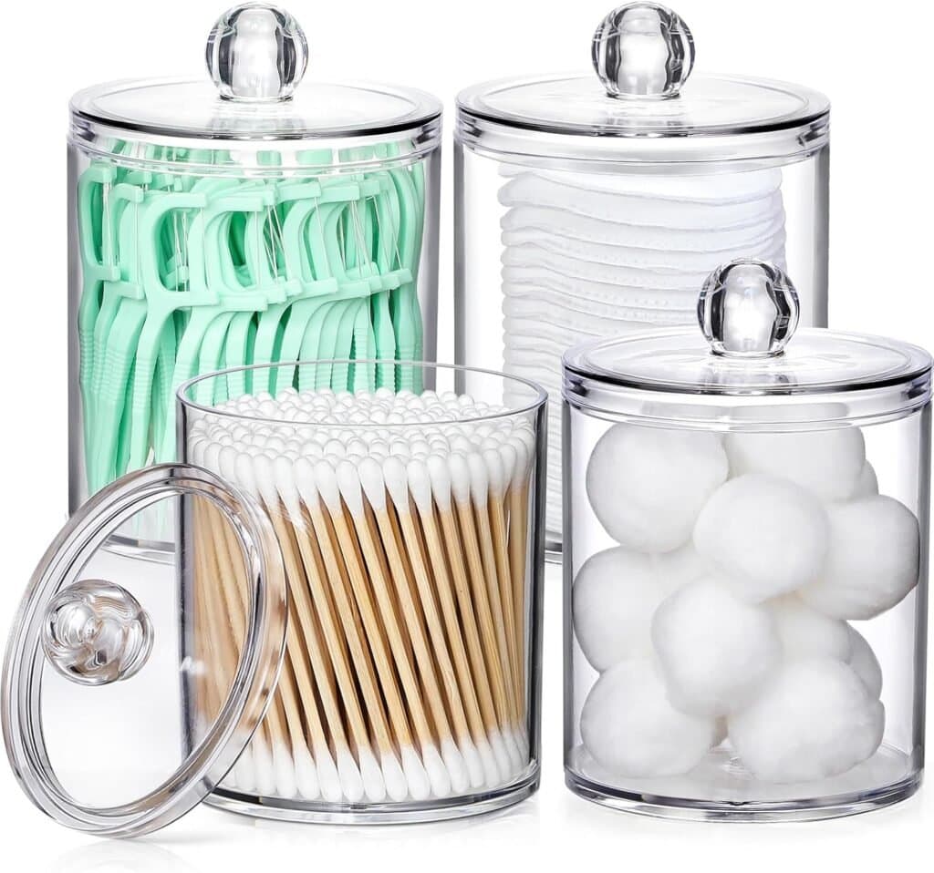4 Pack Acrylic Qtip Holder Dispenser – Clear Plastic Apothecary Jar Set, Bathroom Essentials