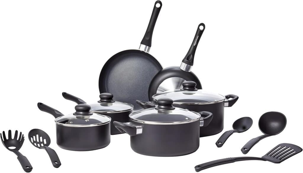 Amazon Basics Non-Stick Cookware 15-Piece Set, Pots, Pans and Utensils