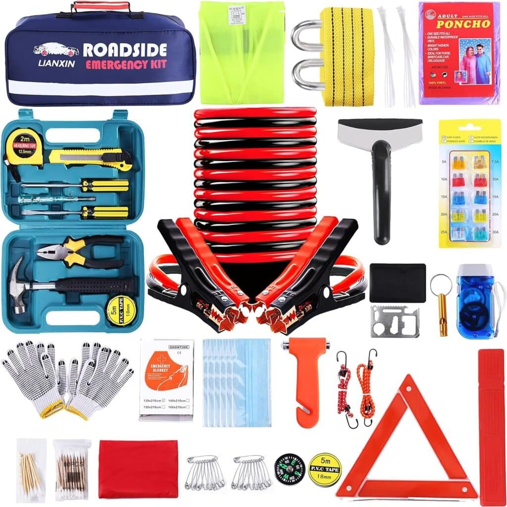 Roadside Assistance Emergency Kit – 142 Pieces Car Safety Kit with Jumper Cables